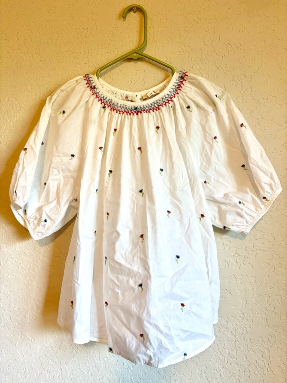 a.n.a White Top with Red and Blue Smocked Neckline